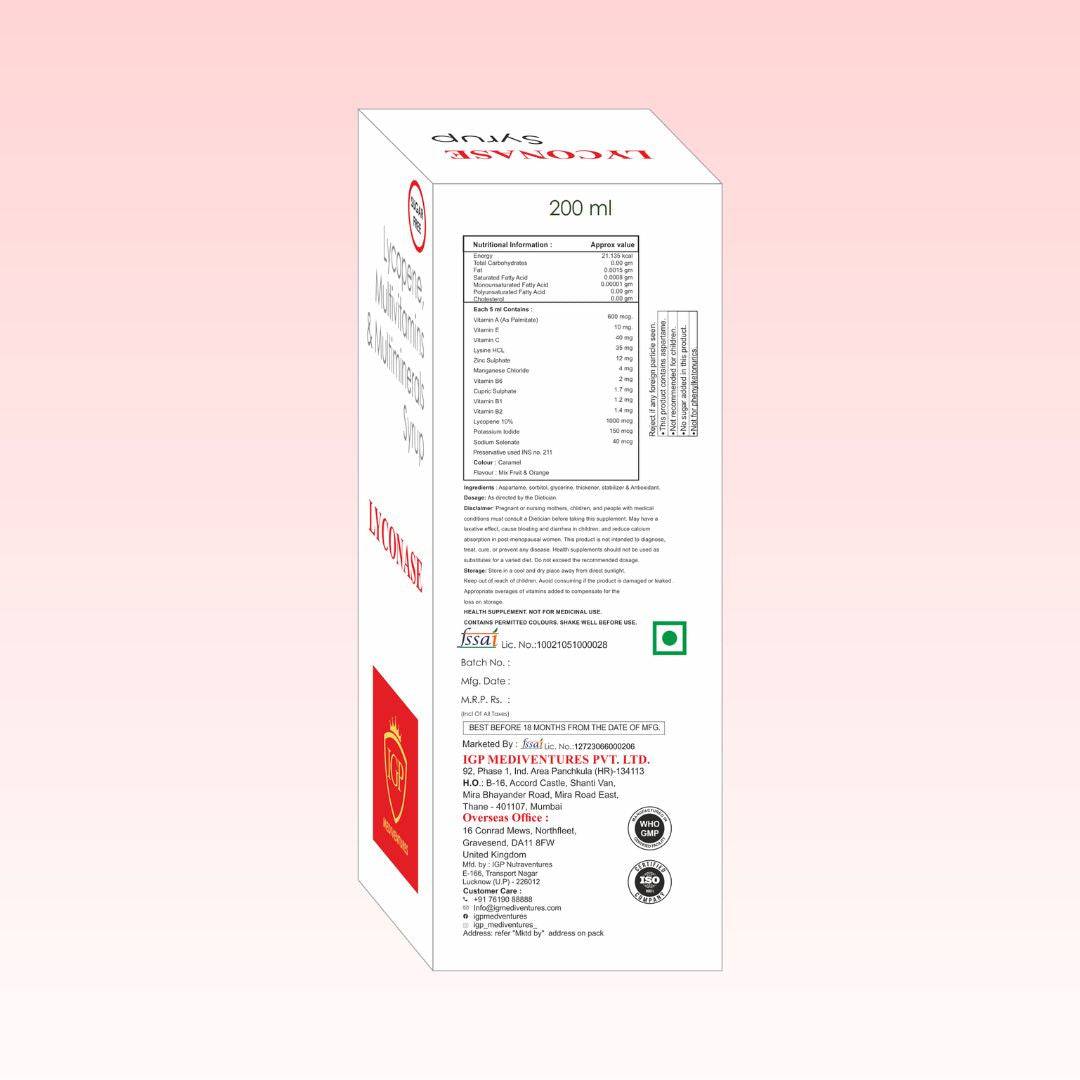IGP MEDI VENTURES LYCONASE Syrup | Multivitamin and multimineral with Lycopene, 200ml